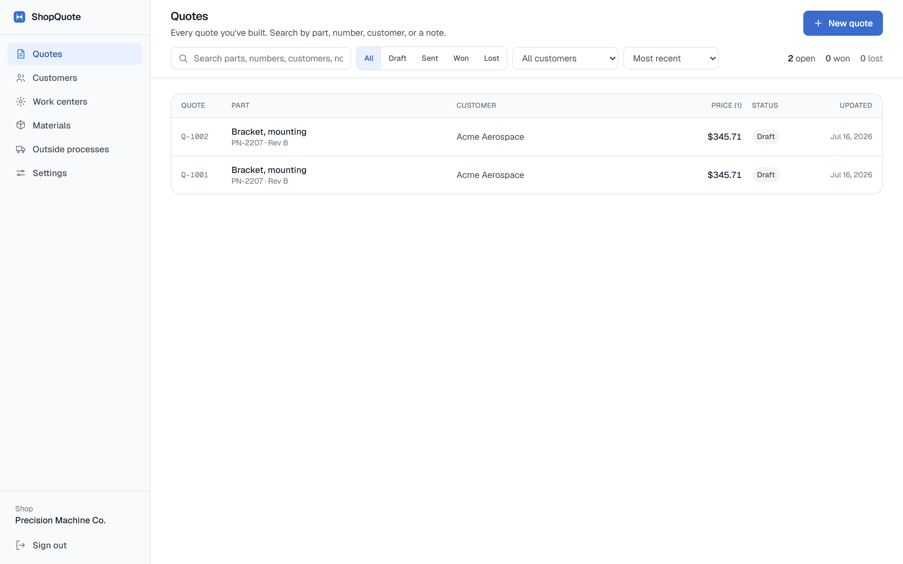 ShopQuote's history view: searchable quote list with status filters, customer filter, win-rate stats, and a hover Duplicate action.